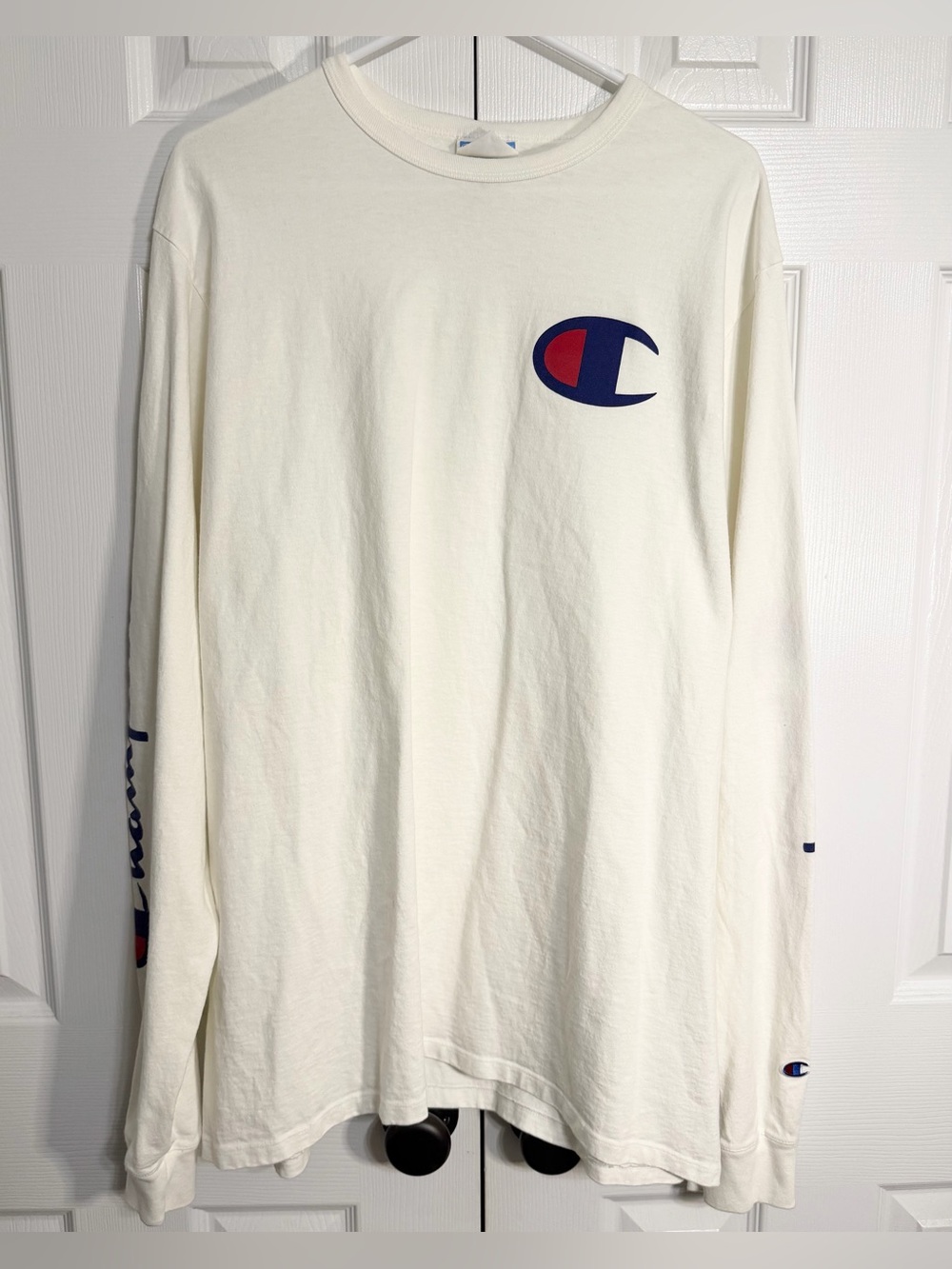 Champion Large C Spell Out Long Sleeve Shirt White Red Blue Size 2XL Men